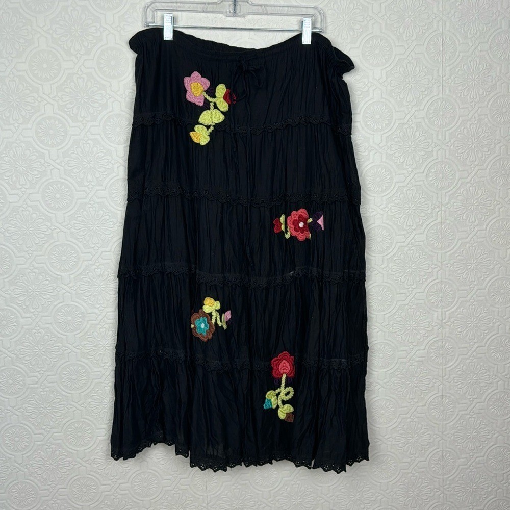 Y2K 90s Vintage Maxi Skirt Goth Whimsical Embroidered Boho Hippie Black Garden