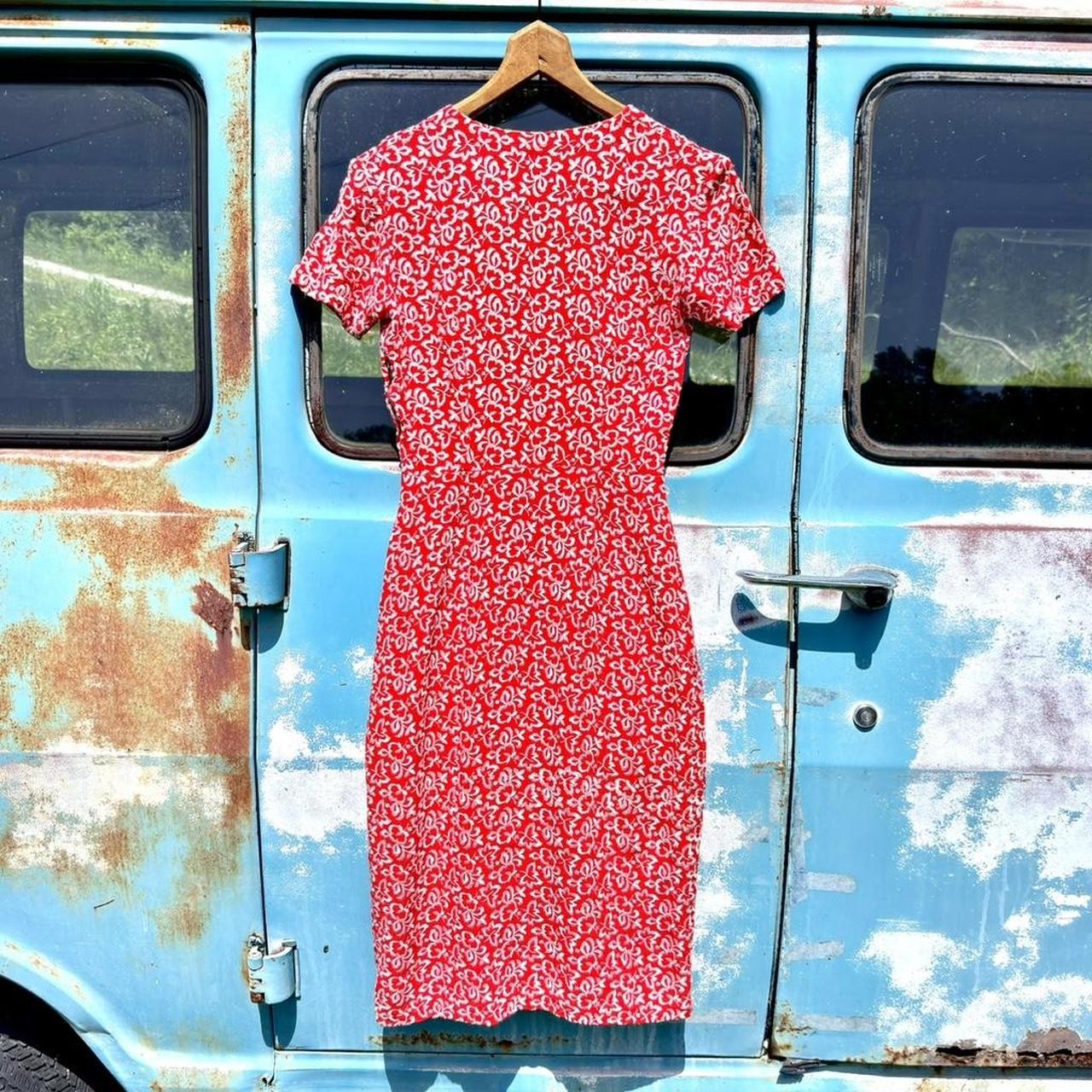 1930s red rayon knit dress w/ all over white petal leaf embroidery