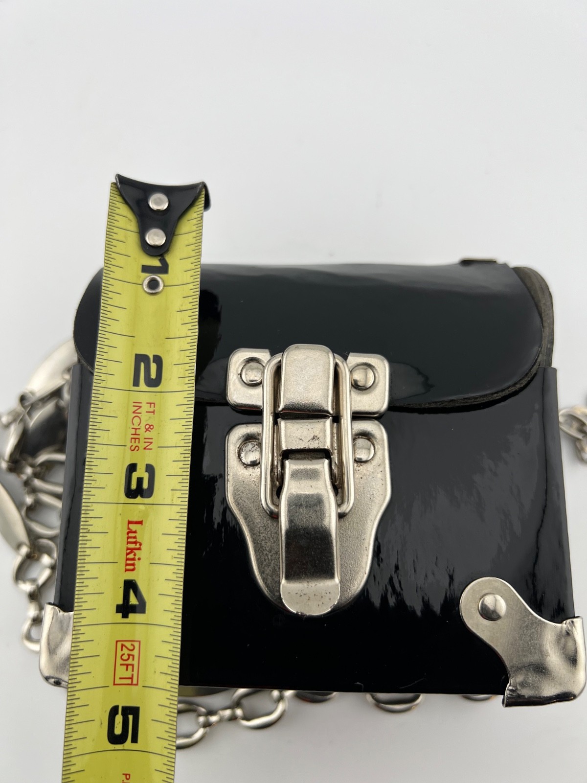 Vtg Hardcase Trunk Bag Black Patent Silver Heavy Chain Locket Heart Purse USA