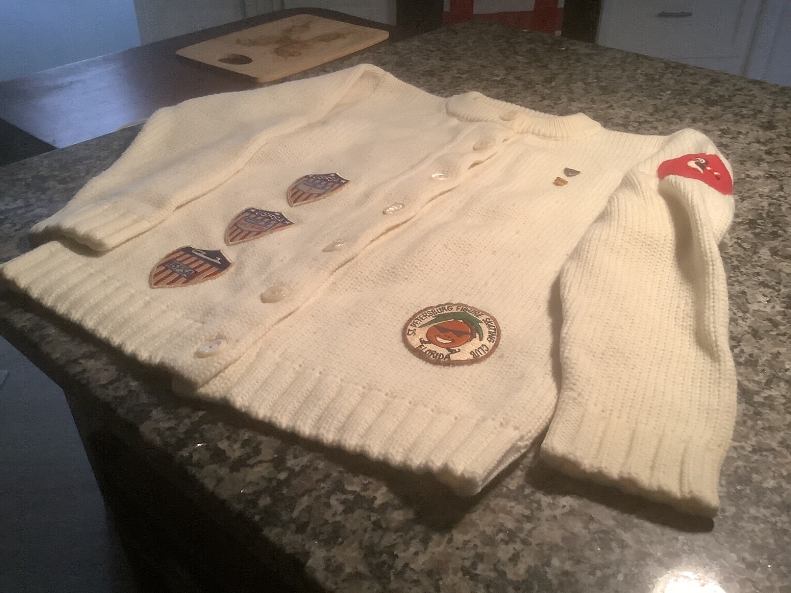 Vintage skating sweater, with old patches and pins! 19 inches pit to pit! COOL!