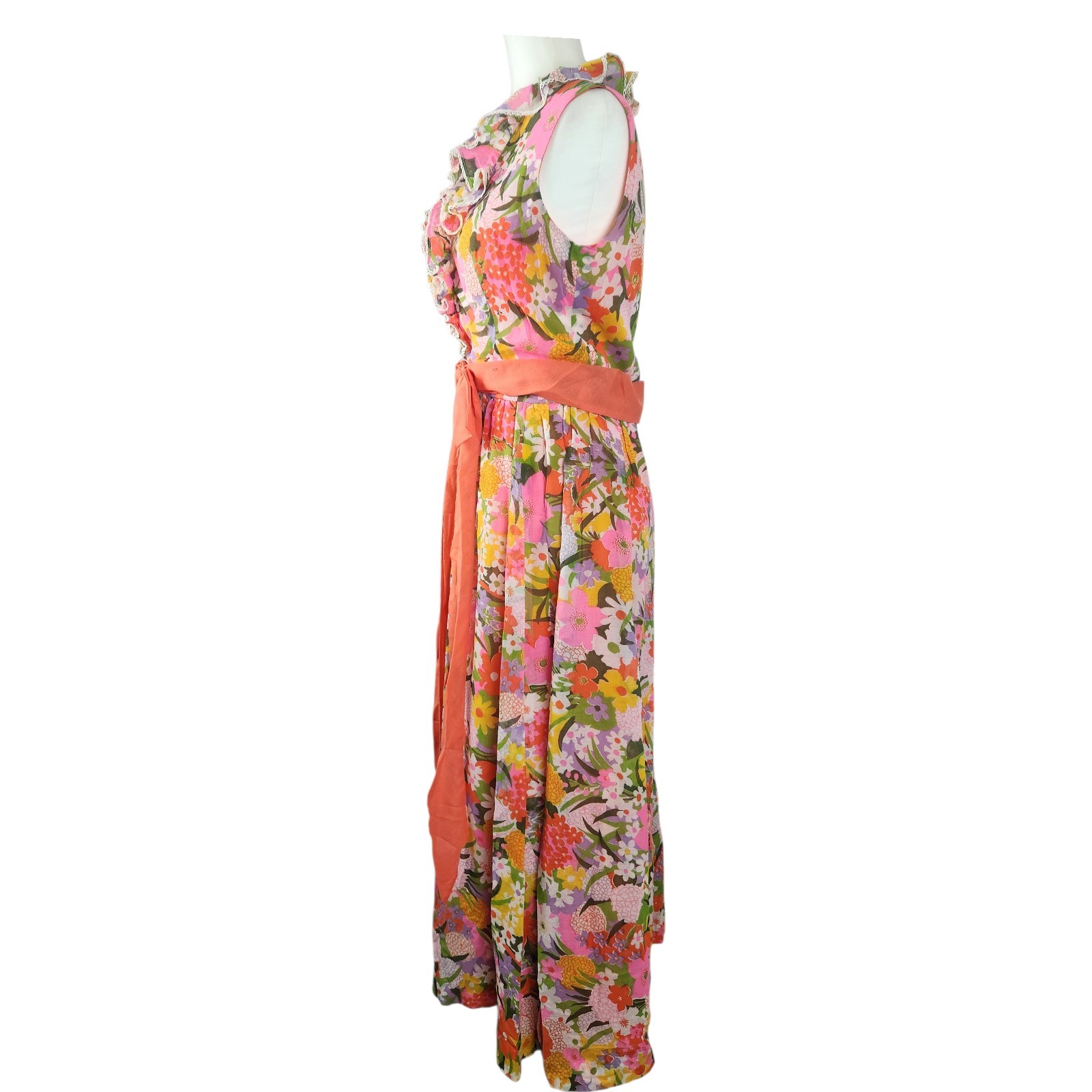 60s True Vtg Miss Elliette Garden Party Sleeveless Maxi Dress LARGE Bow Orange