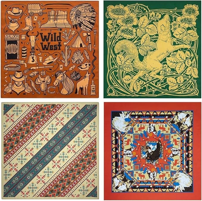 4-Pack 100% Cotton Bandana Set, Vintage Graphic Print, 22×22 inches