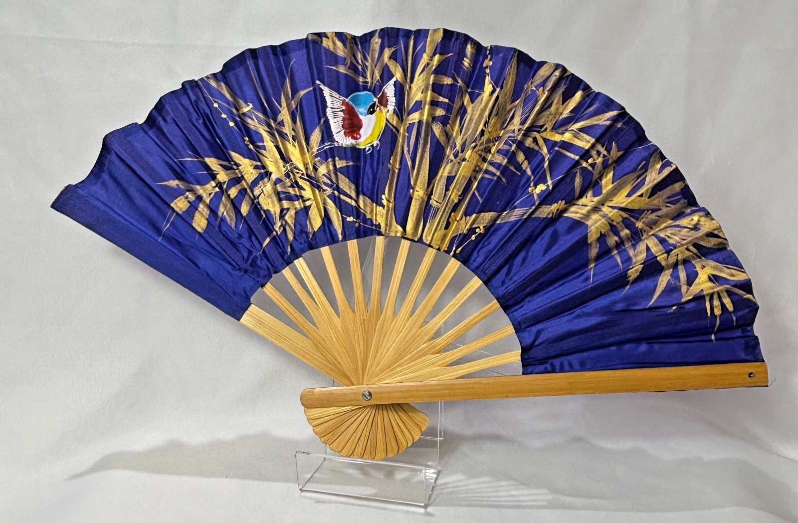 Blue Synthetic Folding Fan Hand Painted Gold Leaves & Bird Bamboo Thailand
