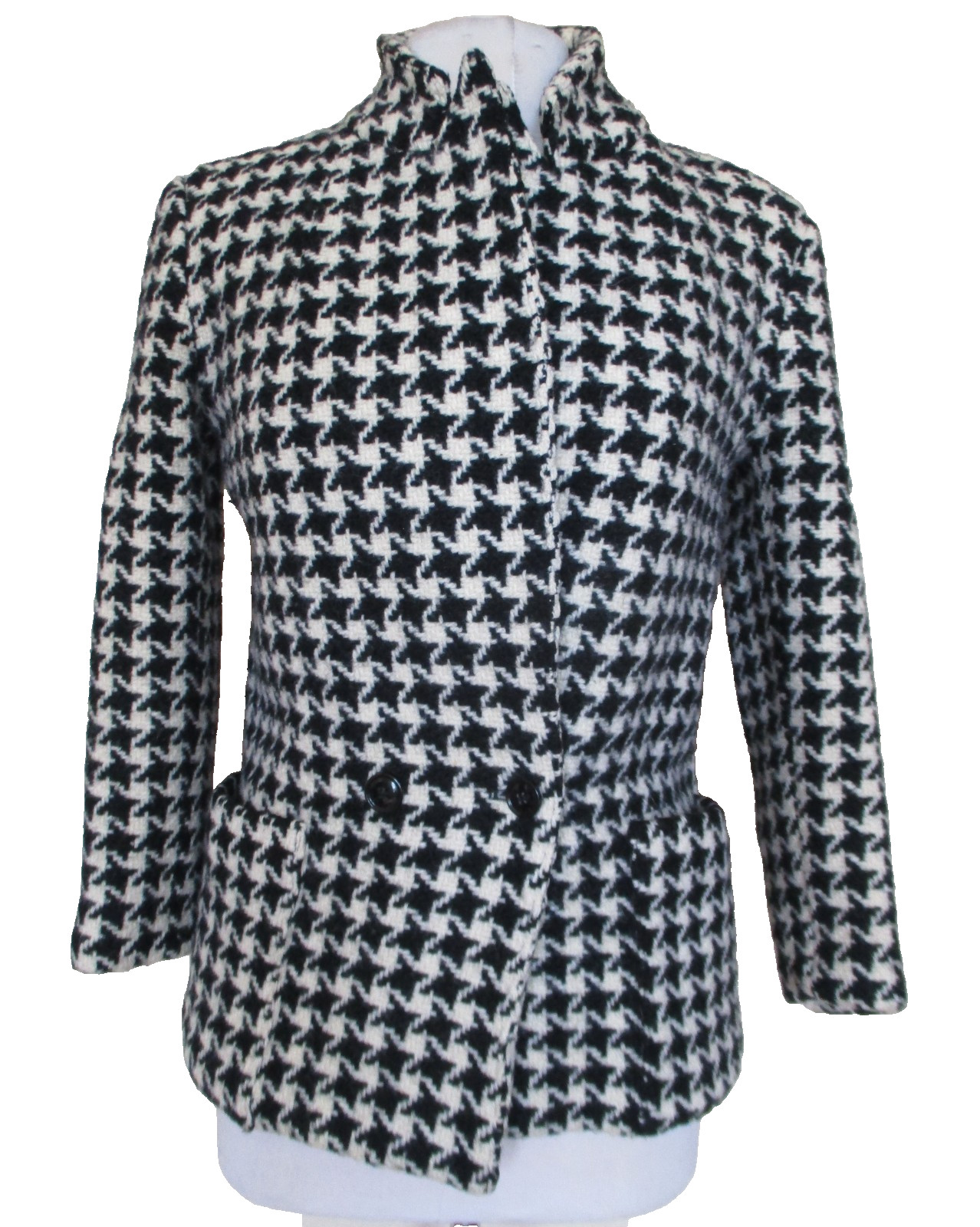 Vintage 80s Bill Blass Jacket Coat XS Women Black Ivory Houndstooth Wool