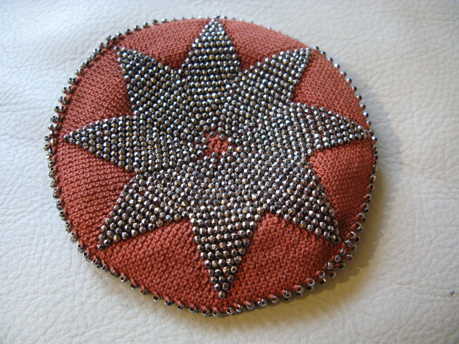 Antique Art Nouveau Woman Orange Crochet Steel Bead Tam O Shanter Coin Purse