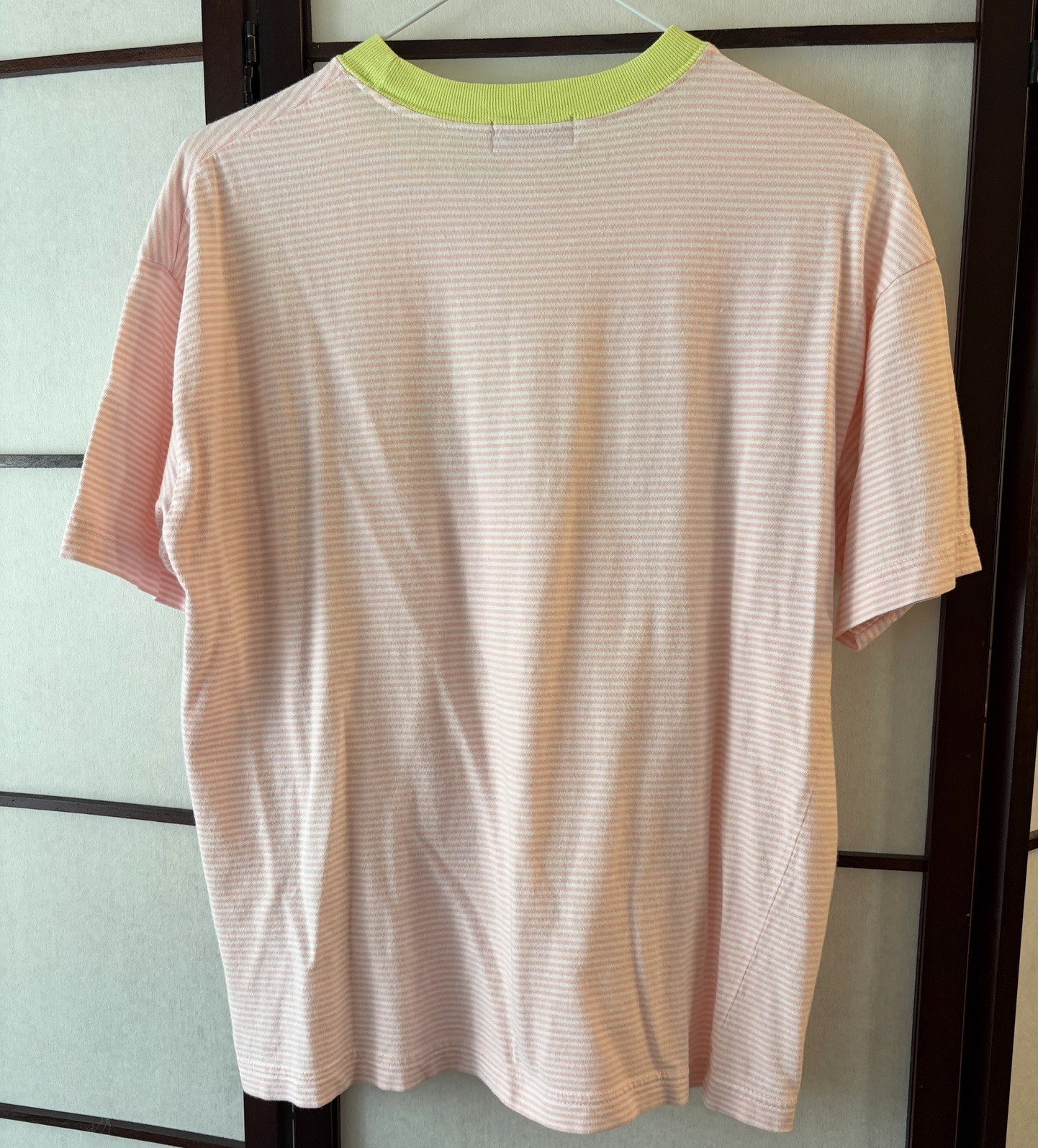 VTG Esprit Teen T-Shirt Logo Pink Striped Lime Trim Med 40 in. Chest Spelled Out