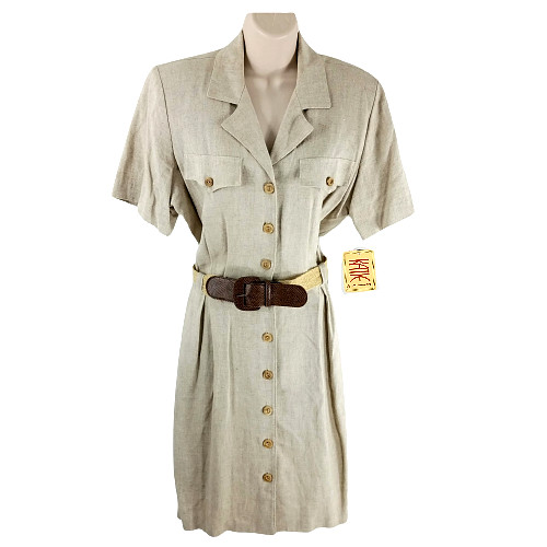Katie Mfg Size 14 Petite Vintage Linen Button Up Dress Belt 1980s New With Tags