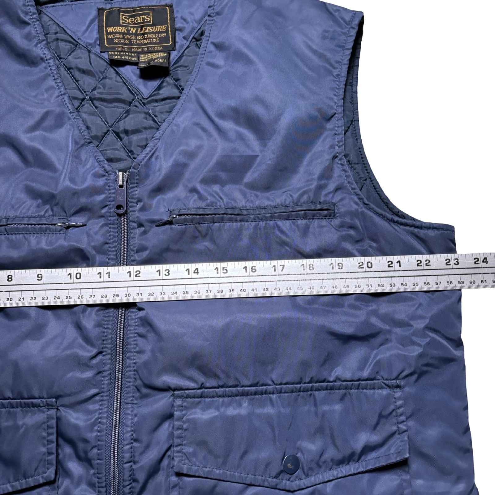 Sears Work Leisure Quilted Vest Navy Blue Full Zip Pocket Nylon Polyester VTG