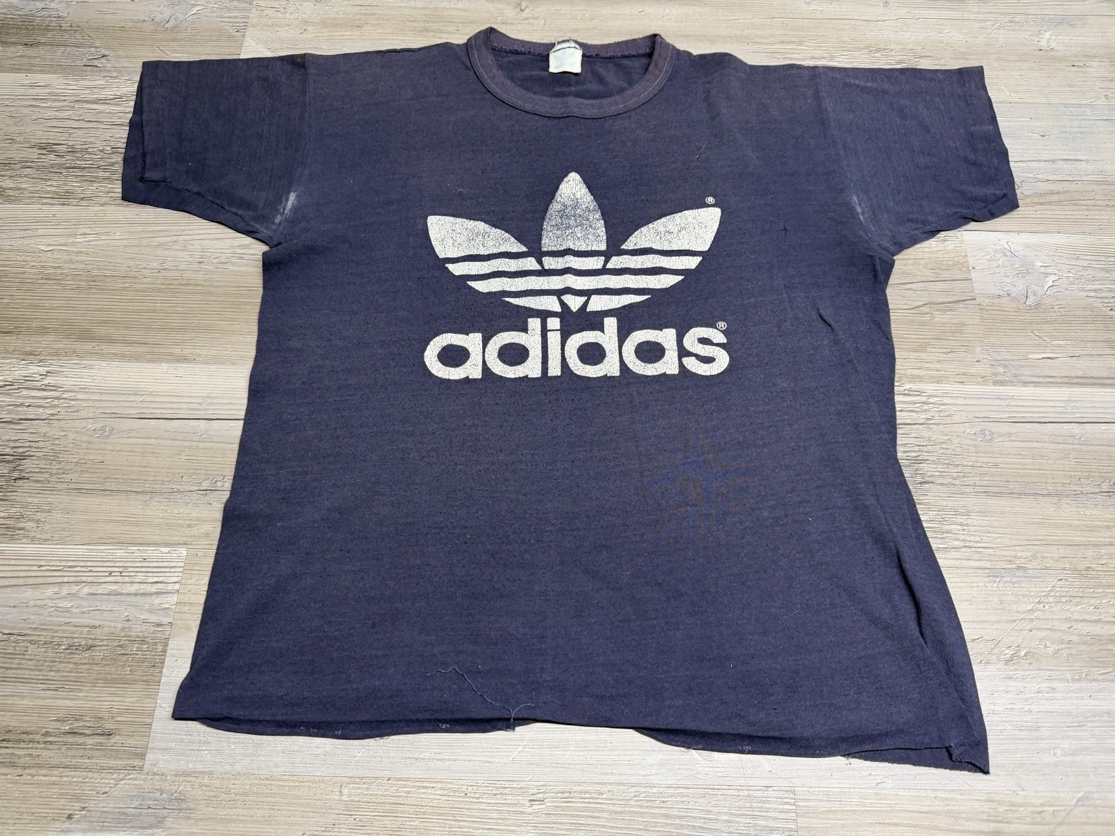 Vintage 80s Adidas Trefoil Double Sided Single Stitch Navy T-Shirt Large