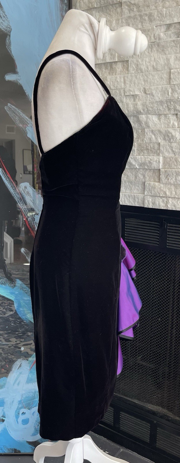 NEW LEAF Vtg 80s Black Velvet Purple Beaded Floral Ruffle Dress Size 8 Appliqué