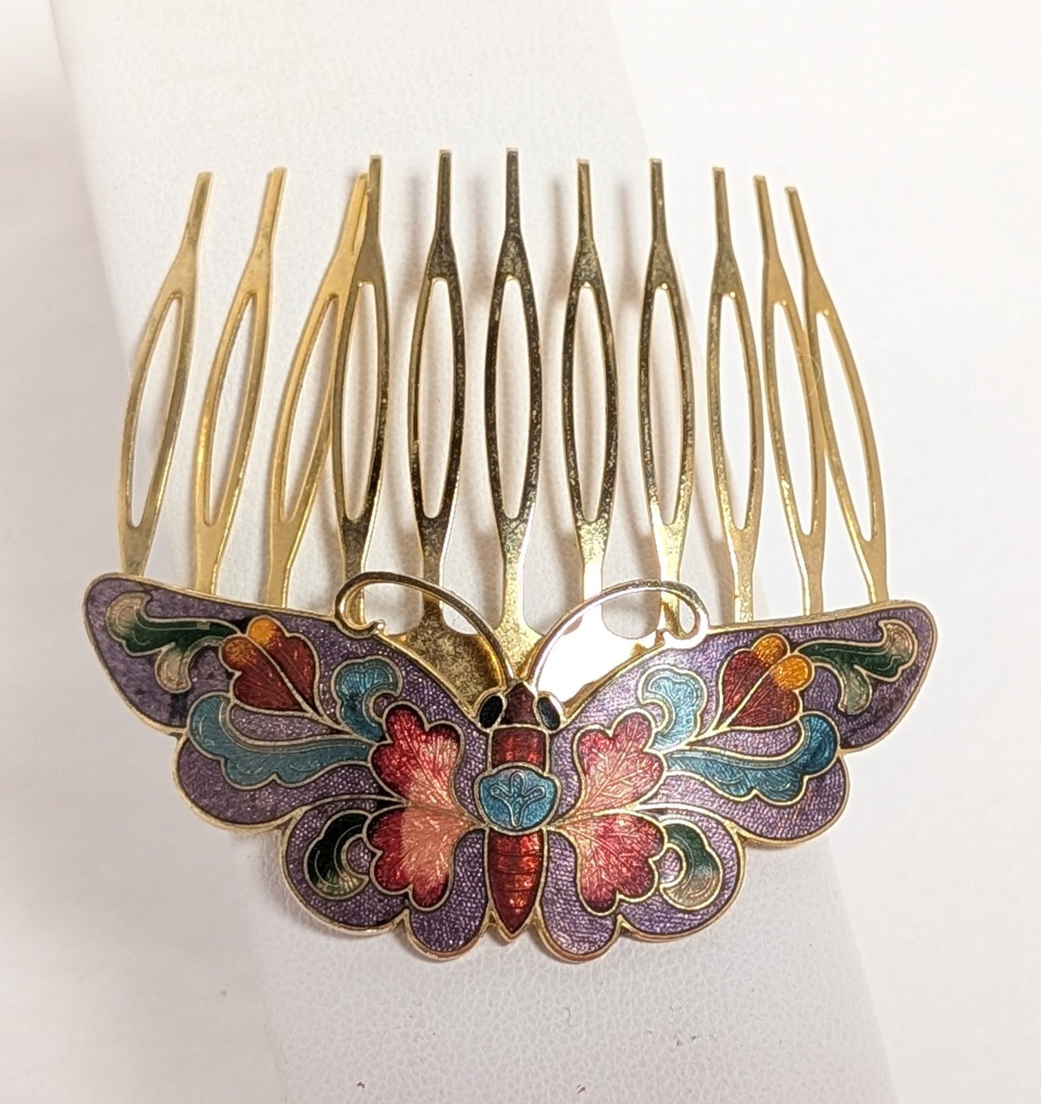 Vintage 80s Cloisonne Enamel Butterfly Moth Hair Comb Lavender Butterflies