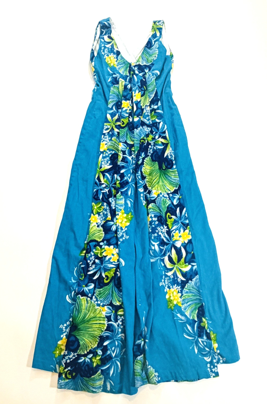VTG Women’s Hawaiian Togs Blue Floral Barkcloth Pleated Train Maxi Dress Sz XS