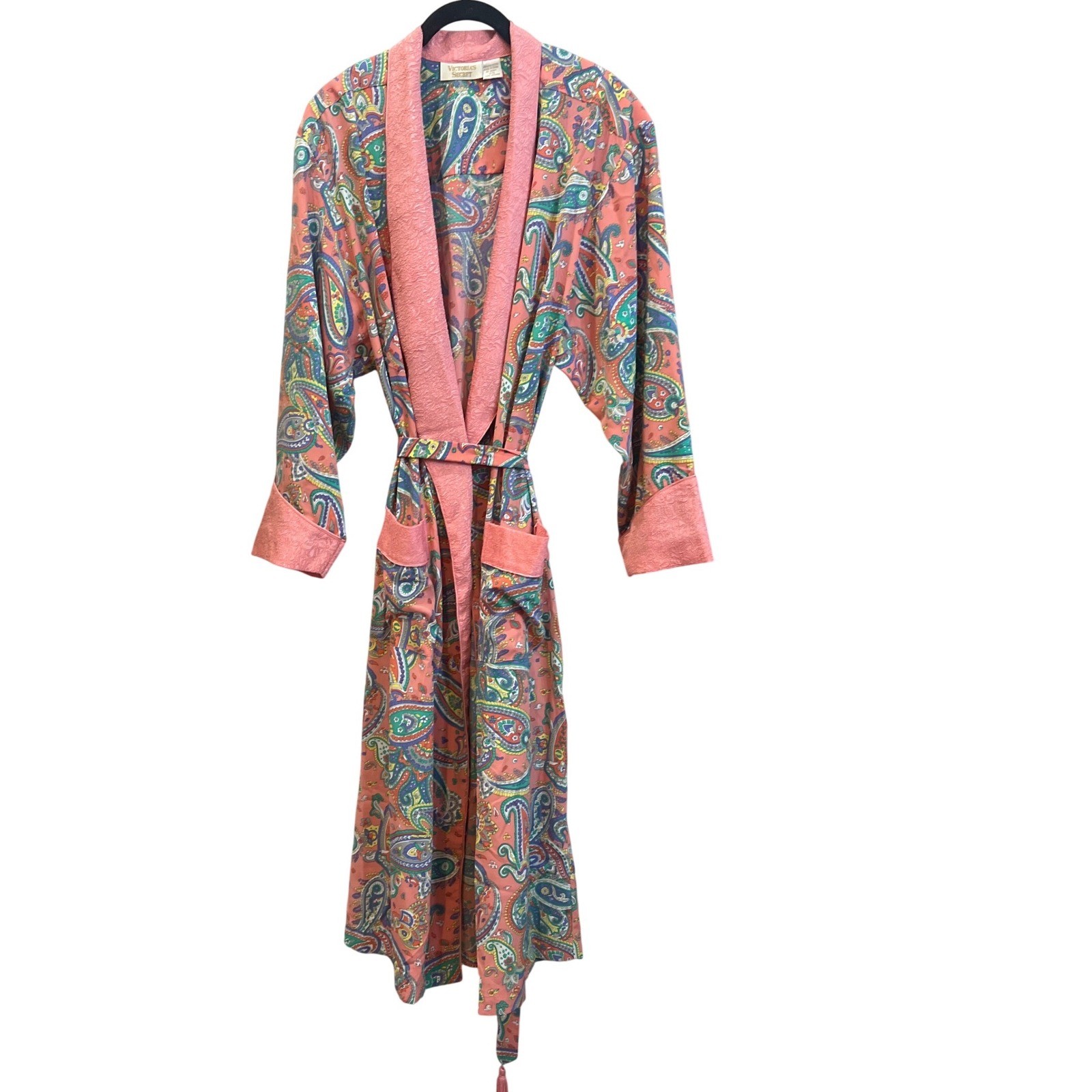 Vintage Victorias Secret Gold Label Pink Paisley Robe Pink Tassel Wrap Long P/S