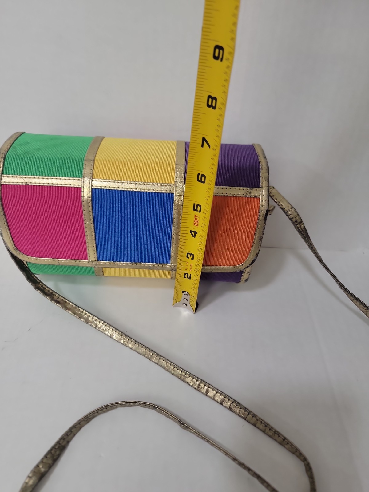Vintage Color Block Wood Panel Crossbody Clutch Purse Rainbow Gold Trim Unbrande