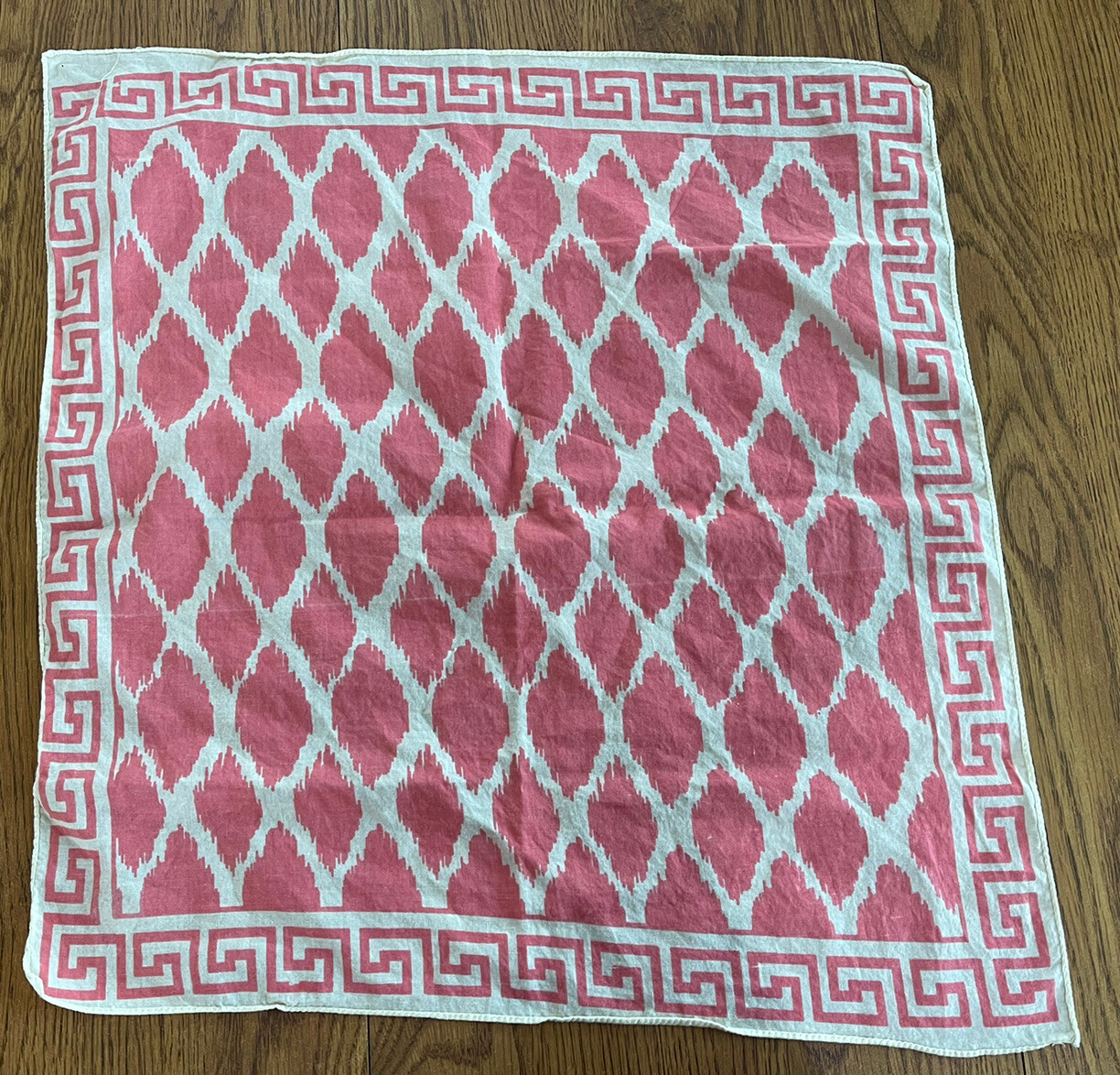 Vintage Coral Pink Cream Bandana Greek Key Diamond Print 19.5”x20.5”