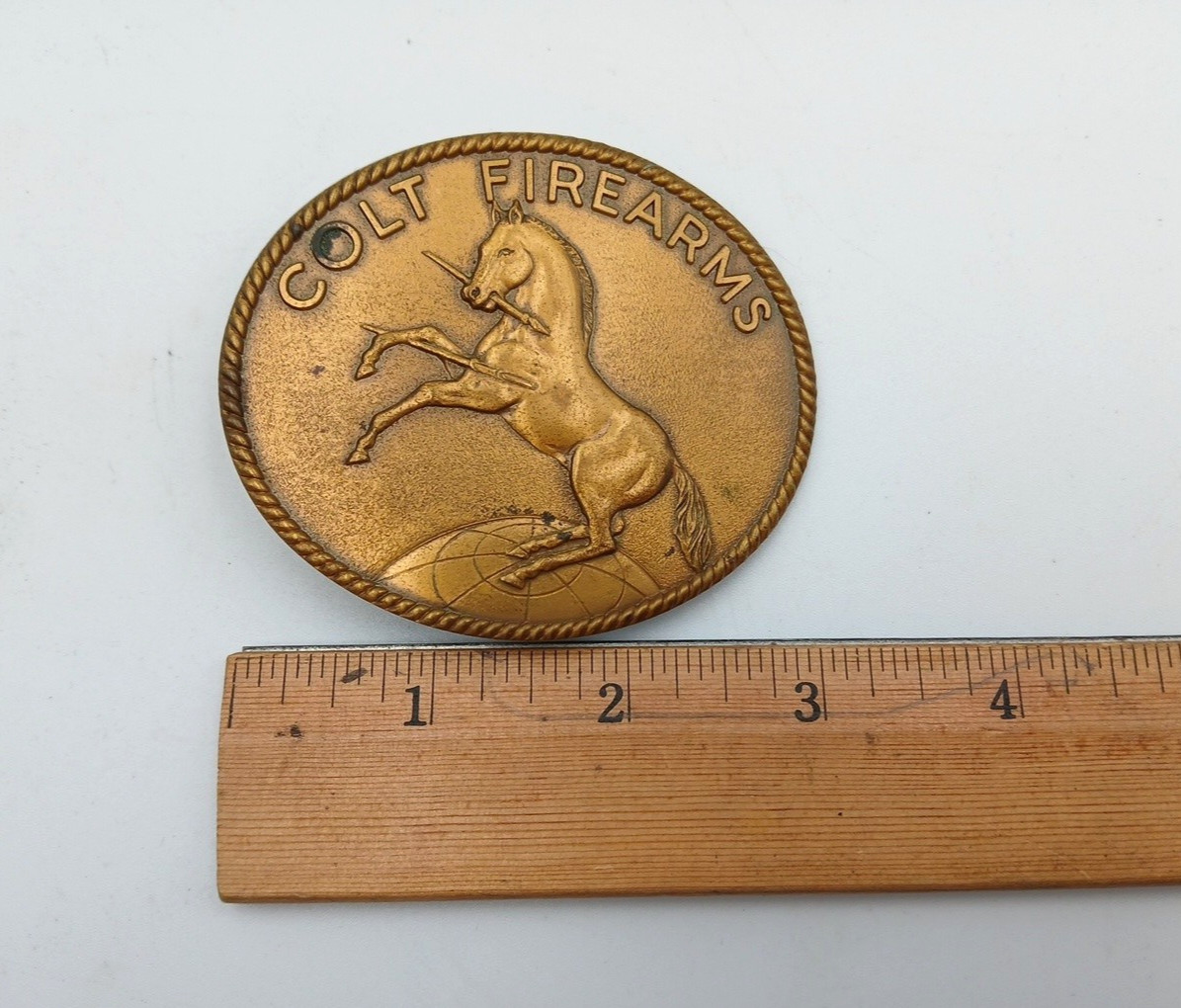 Vintage Medium Oval Colt Firearms Brass Belt Buckle Rearing Horse Sam Colt