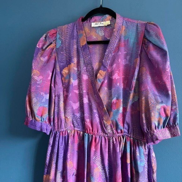 Vintage 1980s Hal Ferman Dress Women’s Size 10 Purple Retro V Neck Colorful