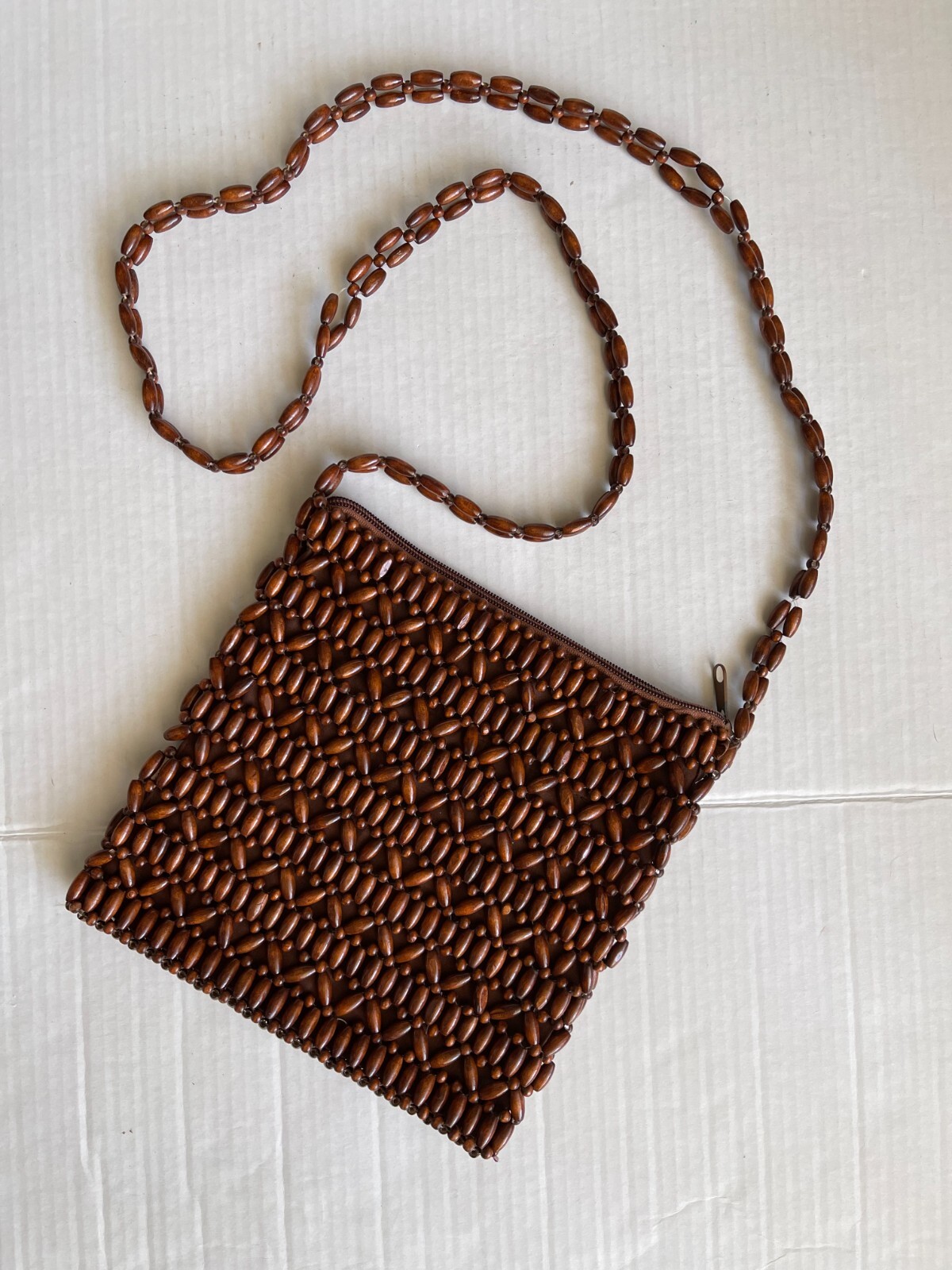 Vintage Scala Wooden Beaded Shoulder Bag Fabric Lining Inner Zip Pocket 9″x9″