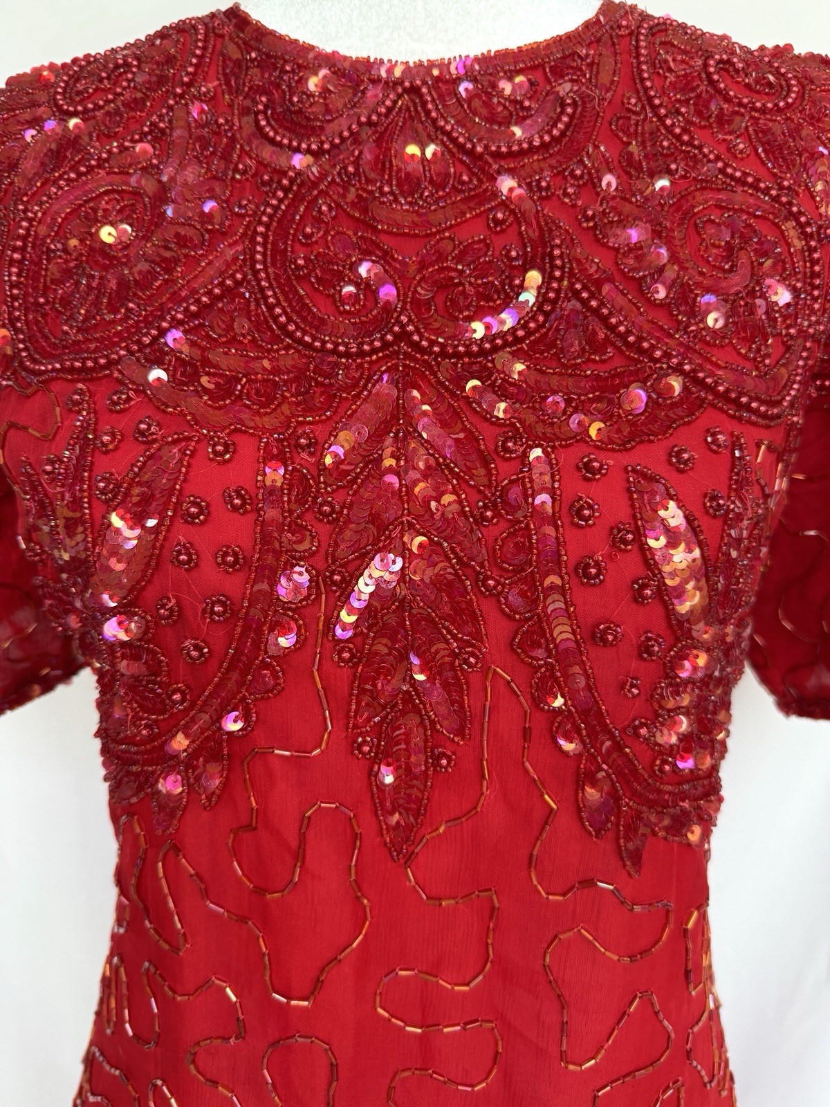 Silky Nites Cherish Red Dress Romantic Heavy Beads Silk Glittery Sexy Glam 80’s