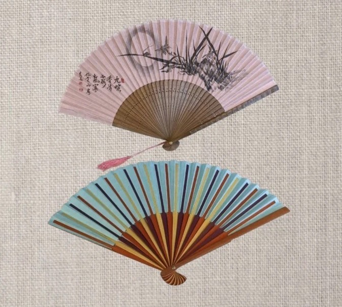 2 Korean Fans Hand Held Calligraphy Wood Paper Asian Fancy Pink Blue Case Pair