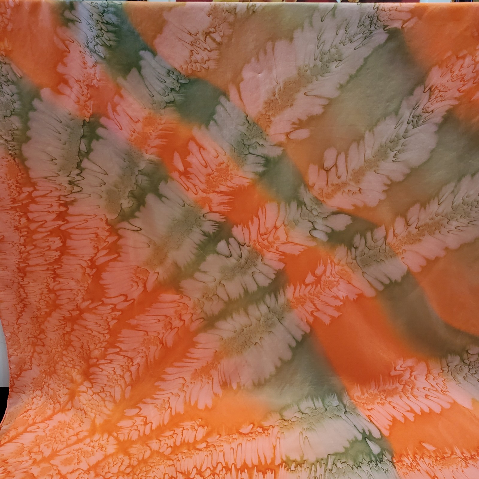 Silk Scarf Orange, Green, Signed Hand Dyed Tie Dye Art to Wear 35.5” x 35” EUC