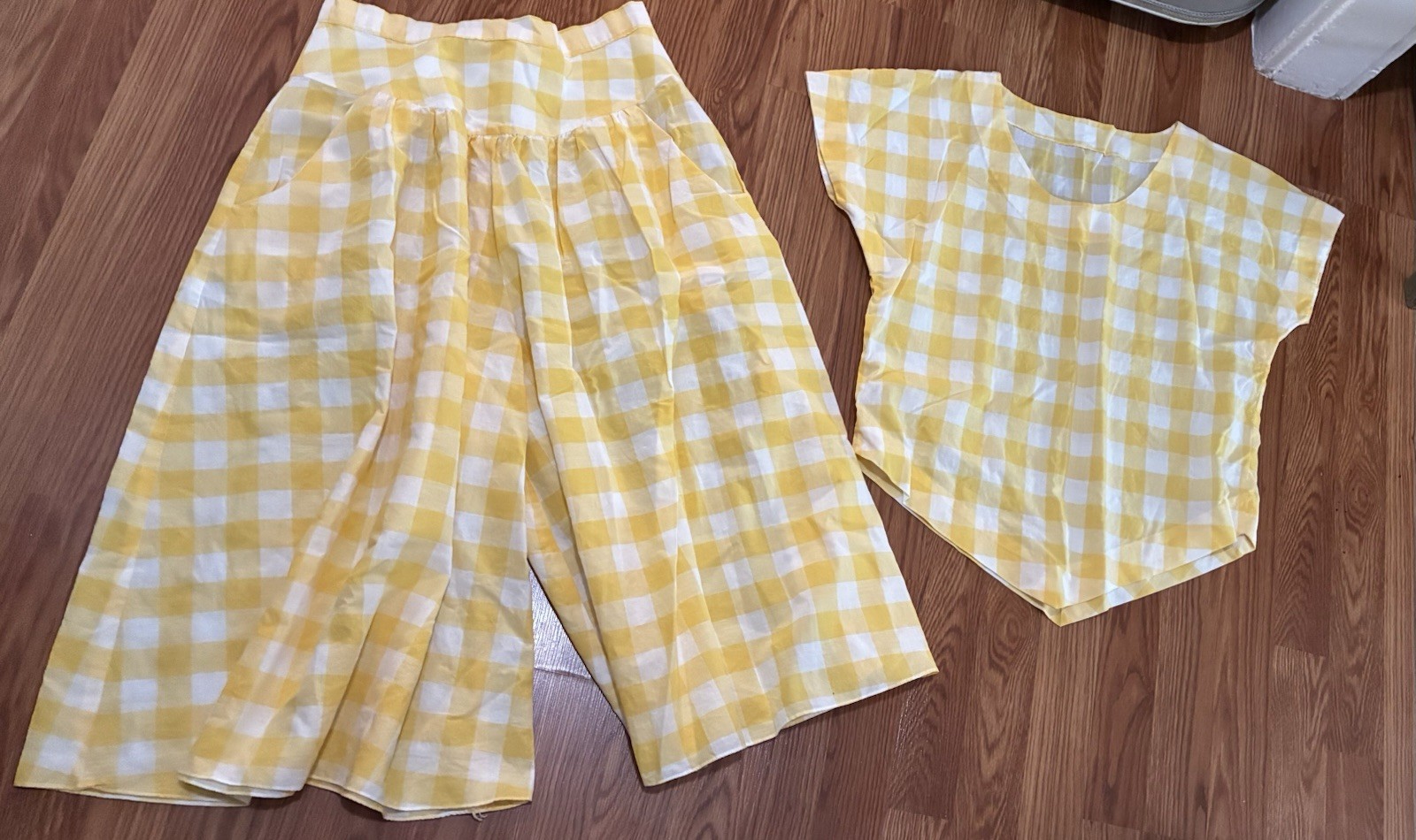 Original VTG 50s Picnic Top Pants Set 50s Yellow White Check Metal Zipper XS S