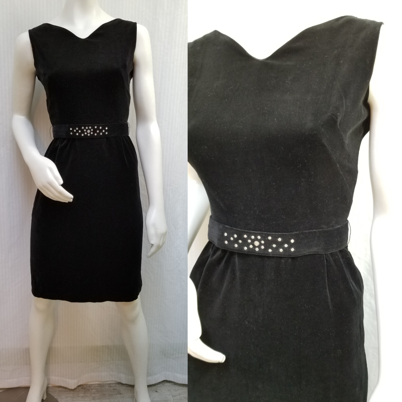 Vintage 60’s CAROL RODGERS Black Velvet WIGGLE DRESS with RHINESTONE BELT – XS