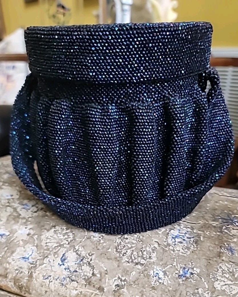 Purse Carnival Glass Beaded Cobalt Blue Black Tiny Beads Strap Handle 1920s