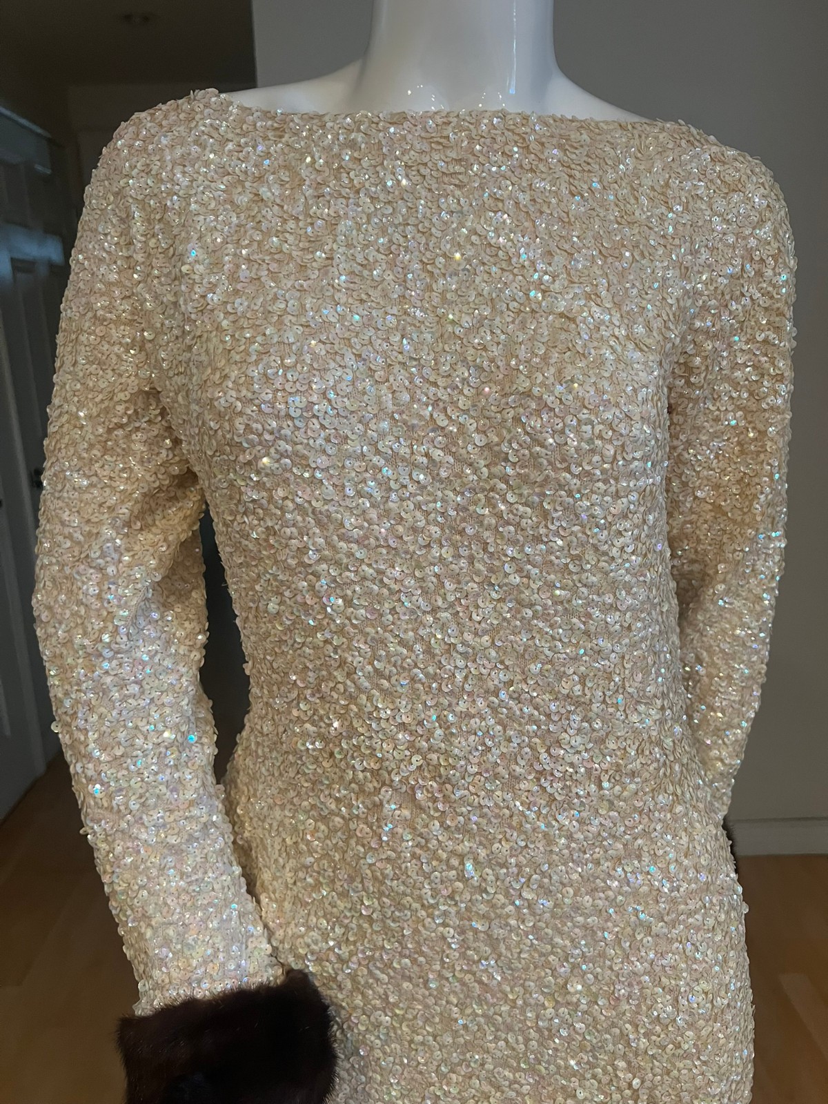 50’S VINTAGE GENE SHELLY’S BOUTIQUE SEQUIN MINK TRIM GOWN SIZE 14
