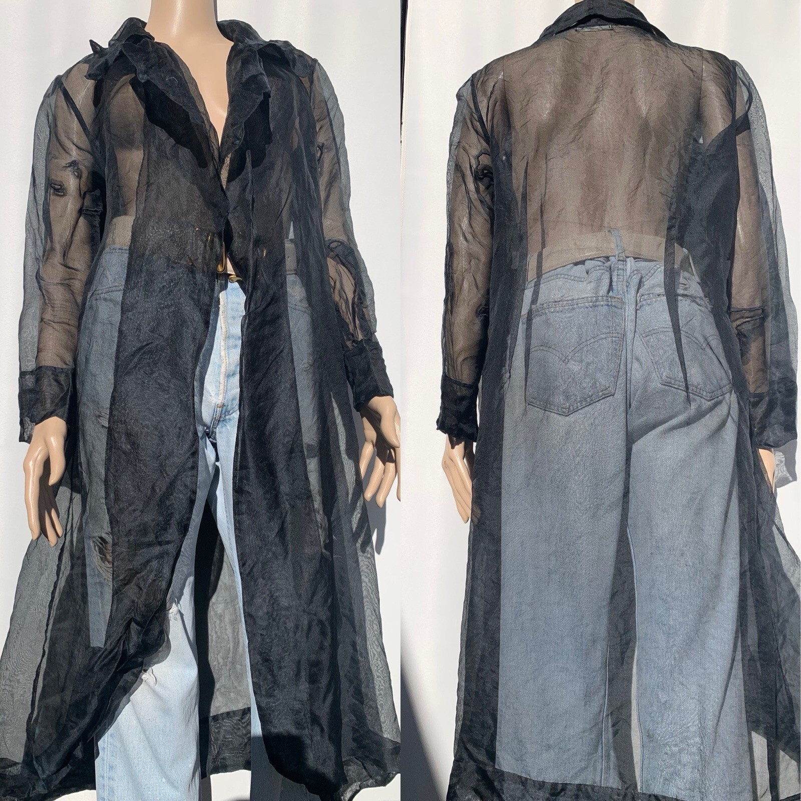 Repaired Vintage Designer Elan Vitale Avant Garde Sheer Black Rayon Duster Coat