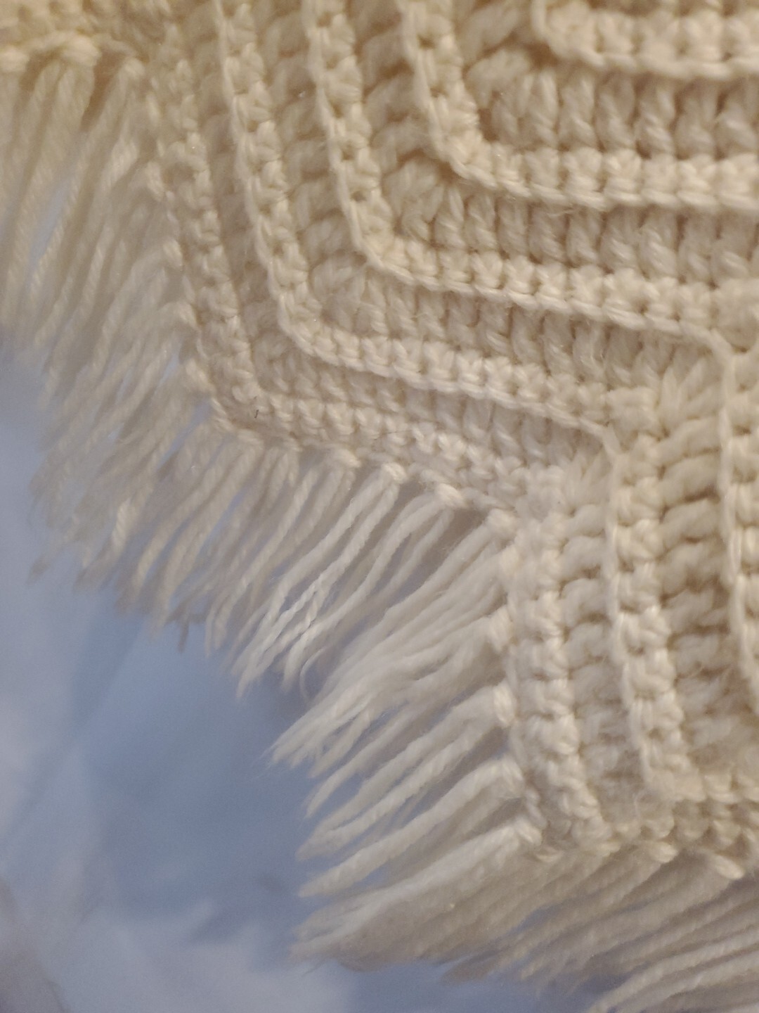 Vintage 1970s Crocheted Zigzag Button Down Poncho Shawl Ivory Fringe Boho