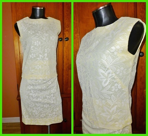Vtg 60s 70s MOD pastel Lace Cocktail 2pc SET DRESS Pencil SKIRT BLOUSE TOP S