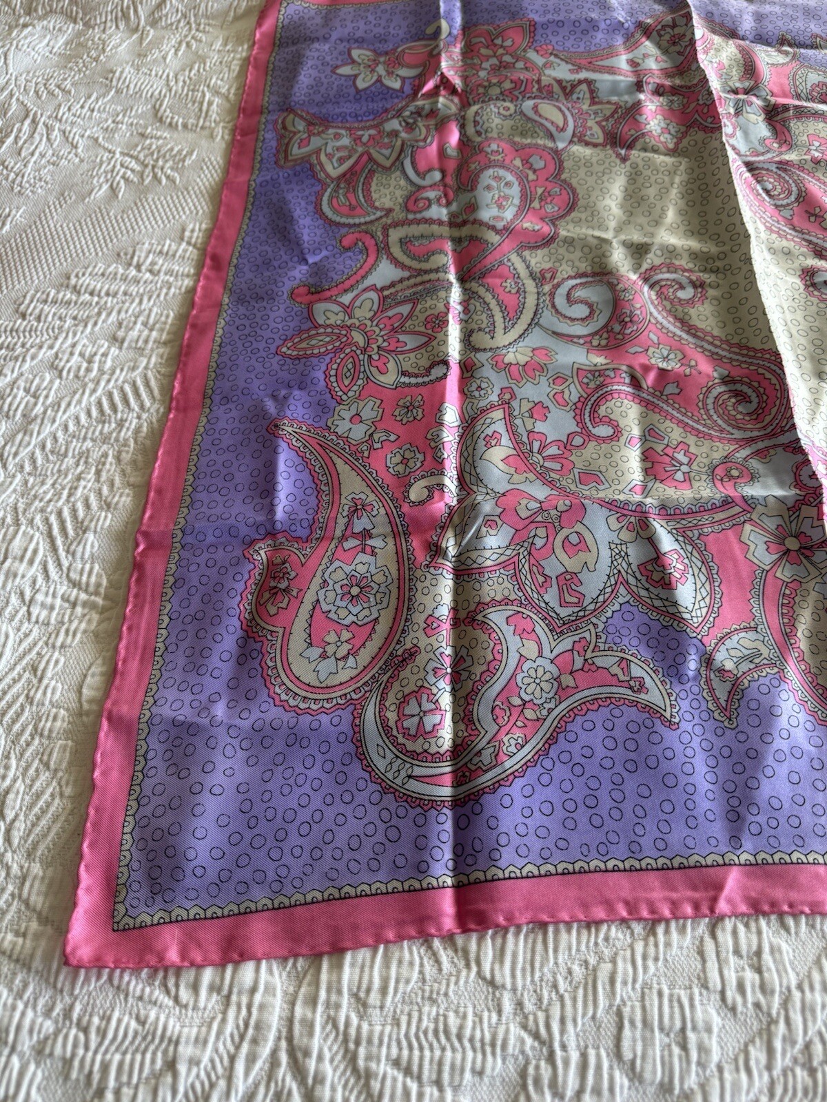 Vintage Mid Century Modern 27″ Boho Silk Scarf Pink Purple Paisley square j7