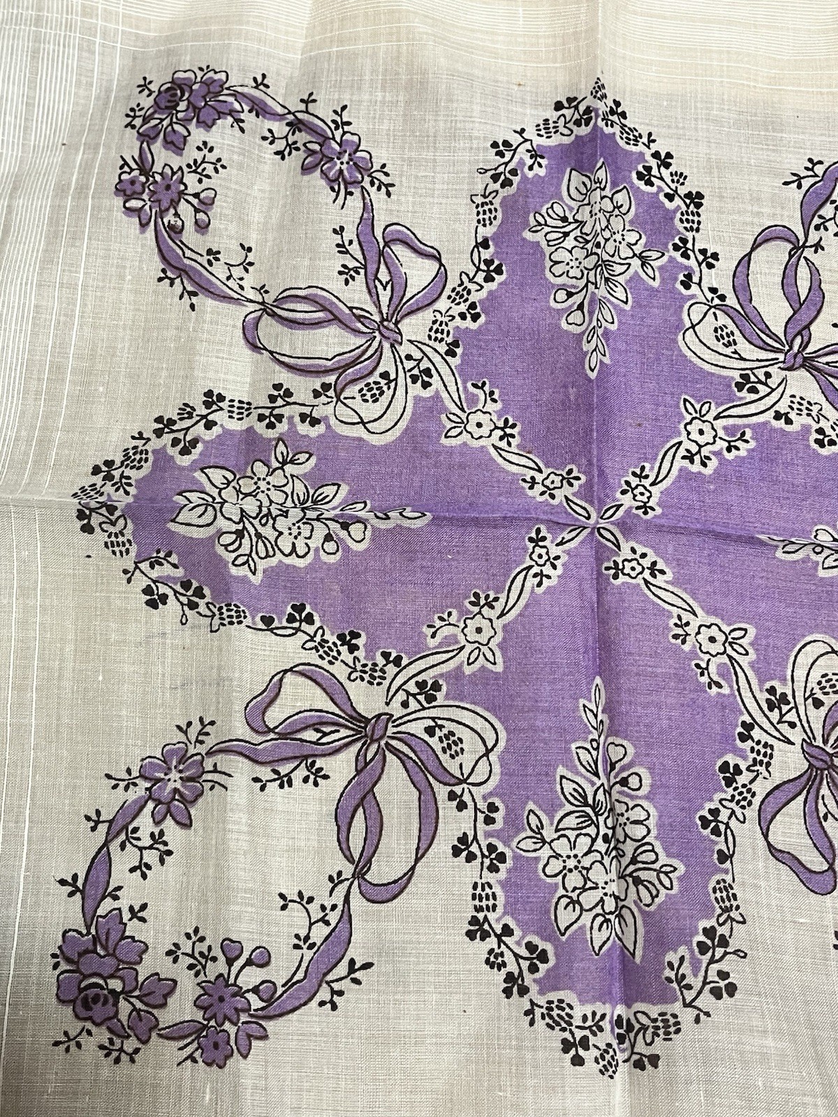 Vintage 14×14” Handkerchief With Purple Floral And Ribbon Design – Franshaw