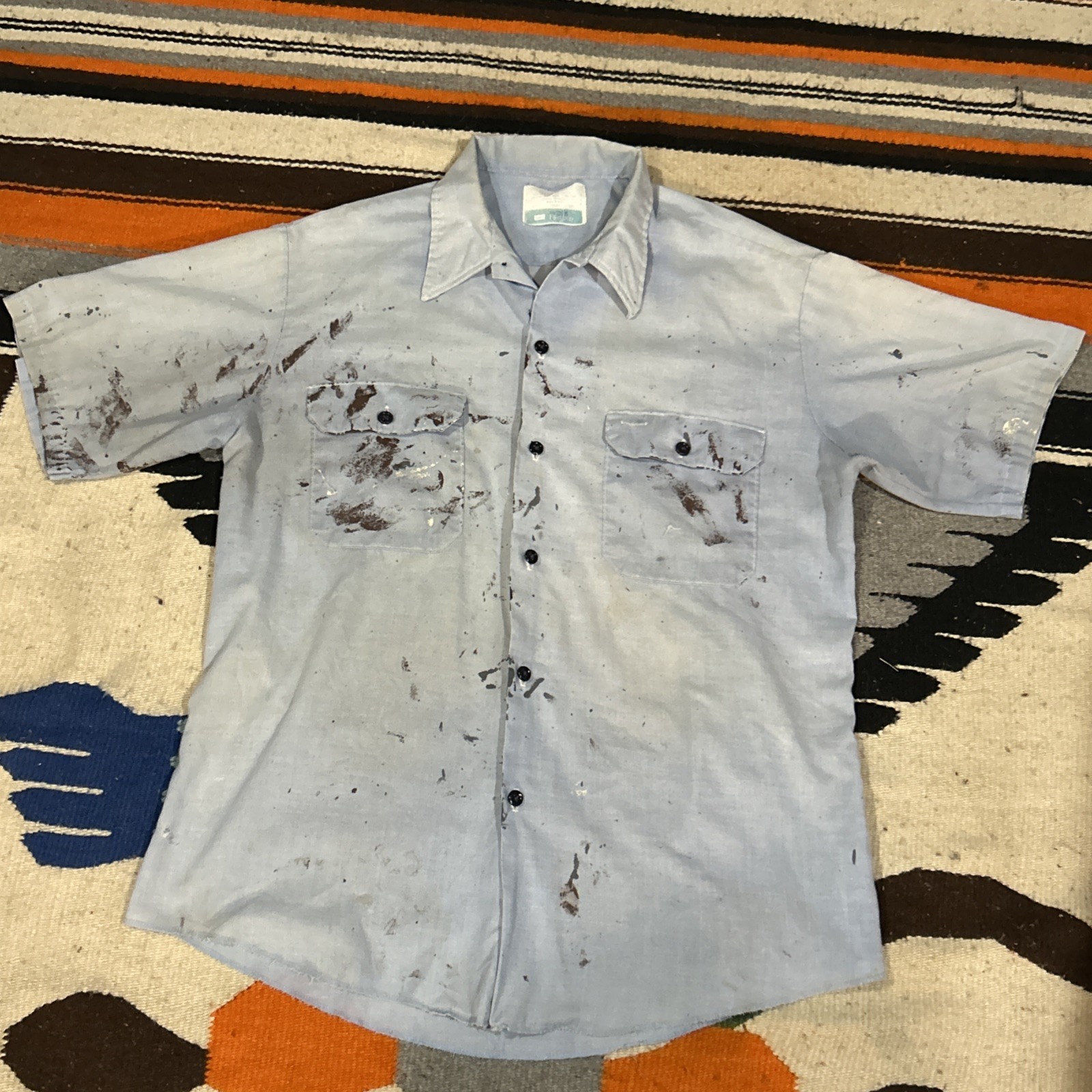 Vtg Distressed Paint Sears Sz L 16-16 1/2 Short Sleeve Blue Work Leisure Shirt