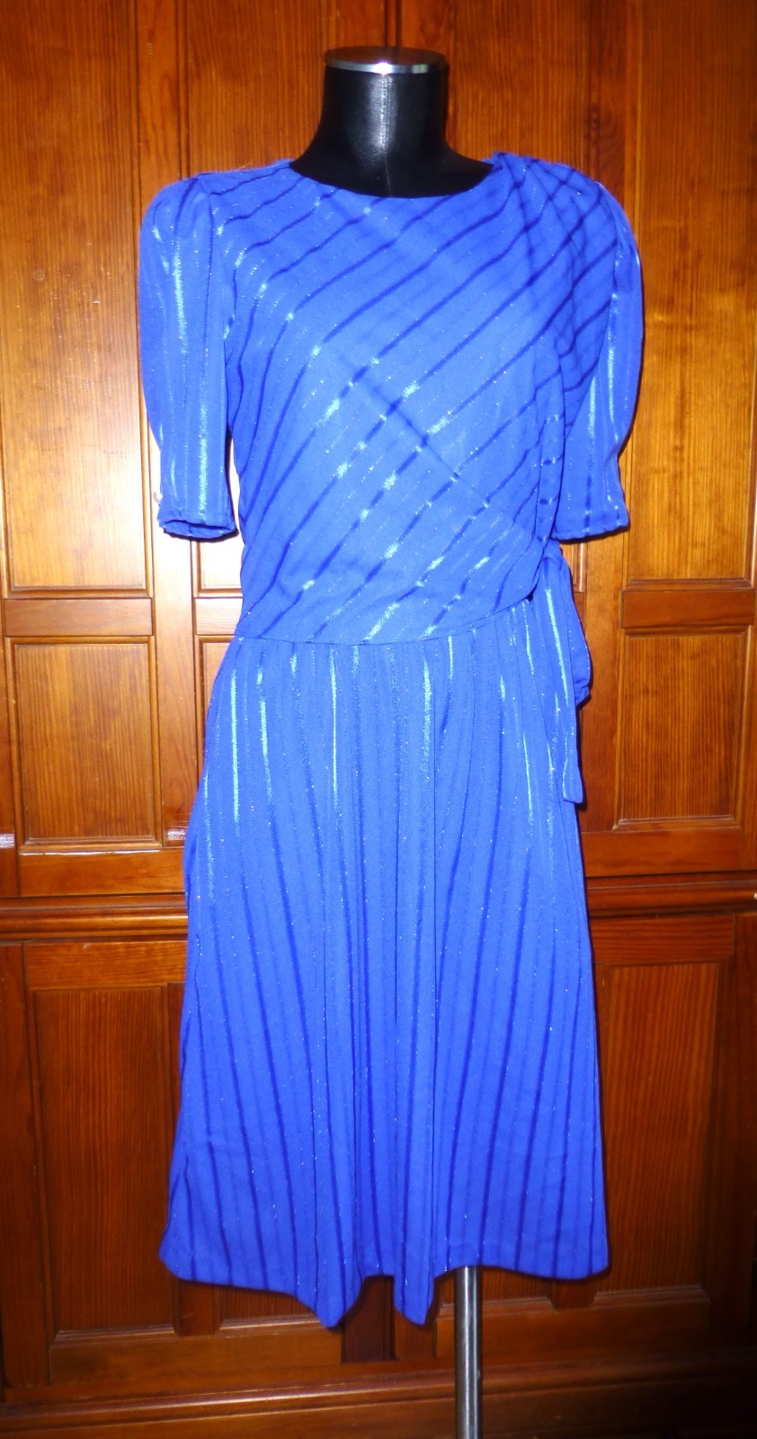 VTG 70s 80s Royal Blue Ribbon Stripe Poly Knit Cocktail Secretary boho Dress