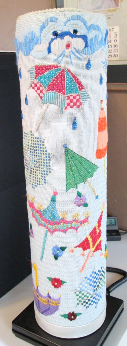 Vintage Umbrella Stand Embroidery Handmade Sequins 25in Needlework