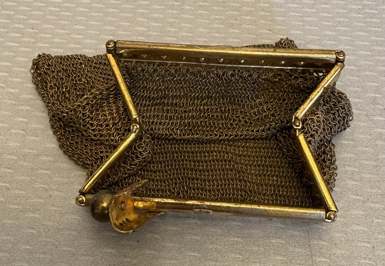 Germany Art Deco Vintage Gold Mesh Coin Purse Rhinestone Frame Expandable Bag 3″