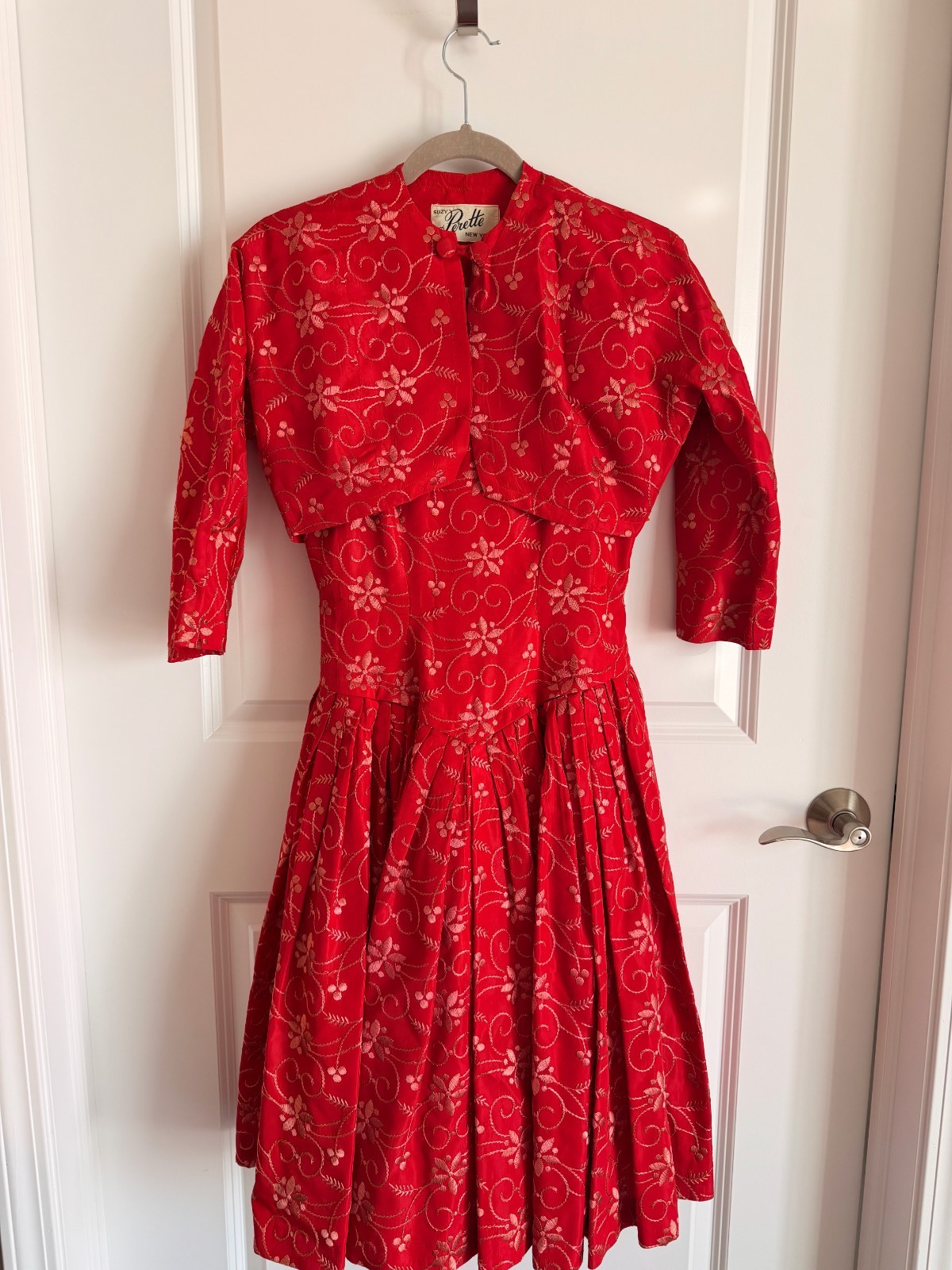 Vintage 1950s Suzy Perette Red Embroidered Drop Waist Dress AND Jacket NEW YORK