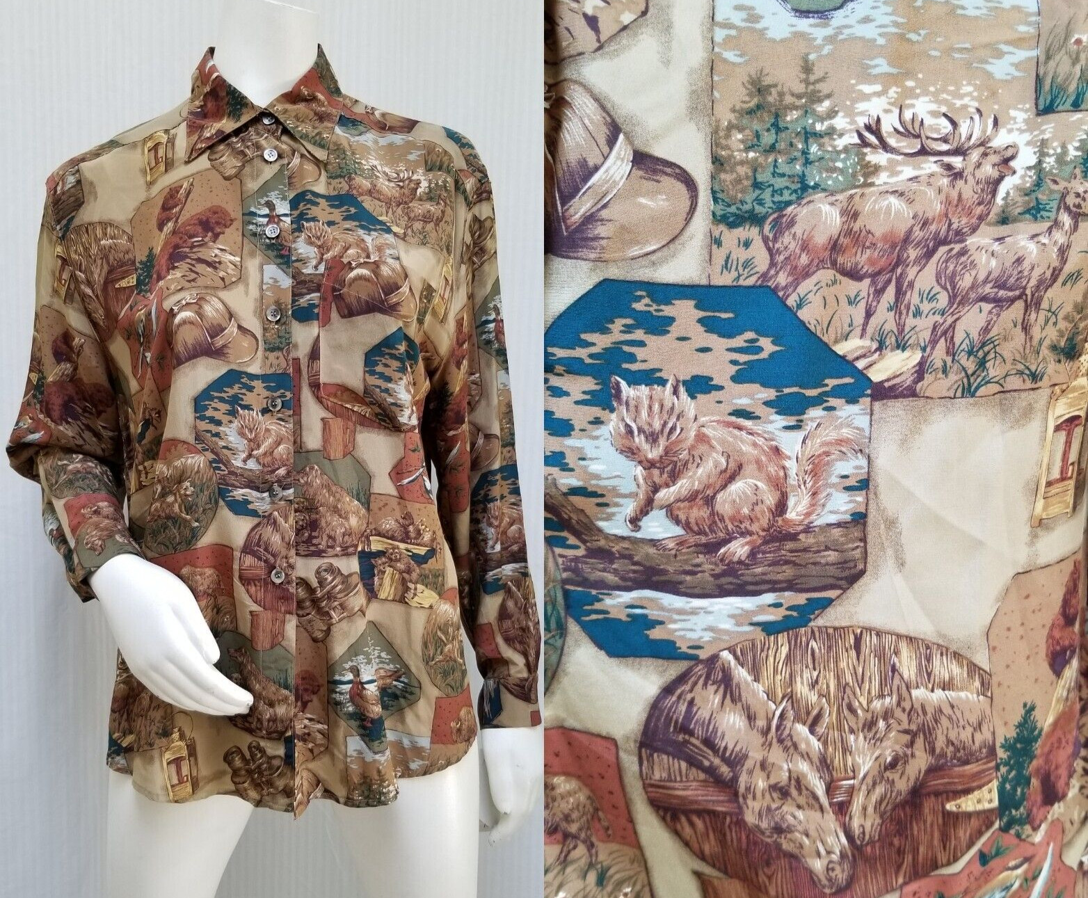 NWT Vintage EVAN PICONE Animal Lodge Novelty Print Silk BLOUSE – Size M/L