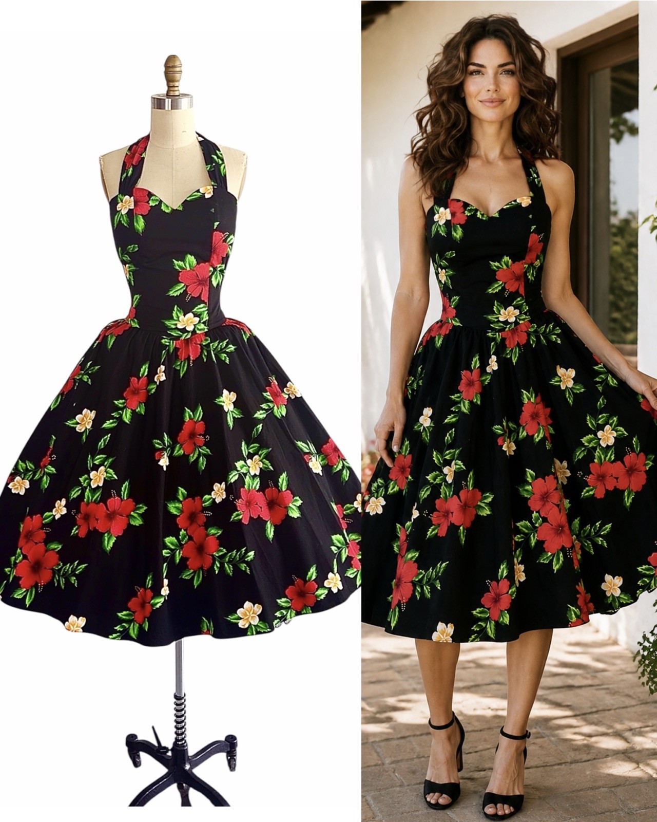 Vintage 80s 1950s Style Black Floral HAWAIIAN Pinup Dress Halter Top Sundress S