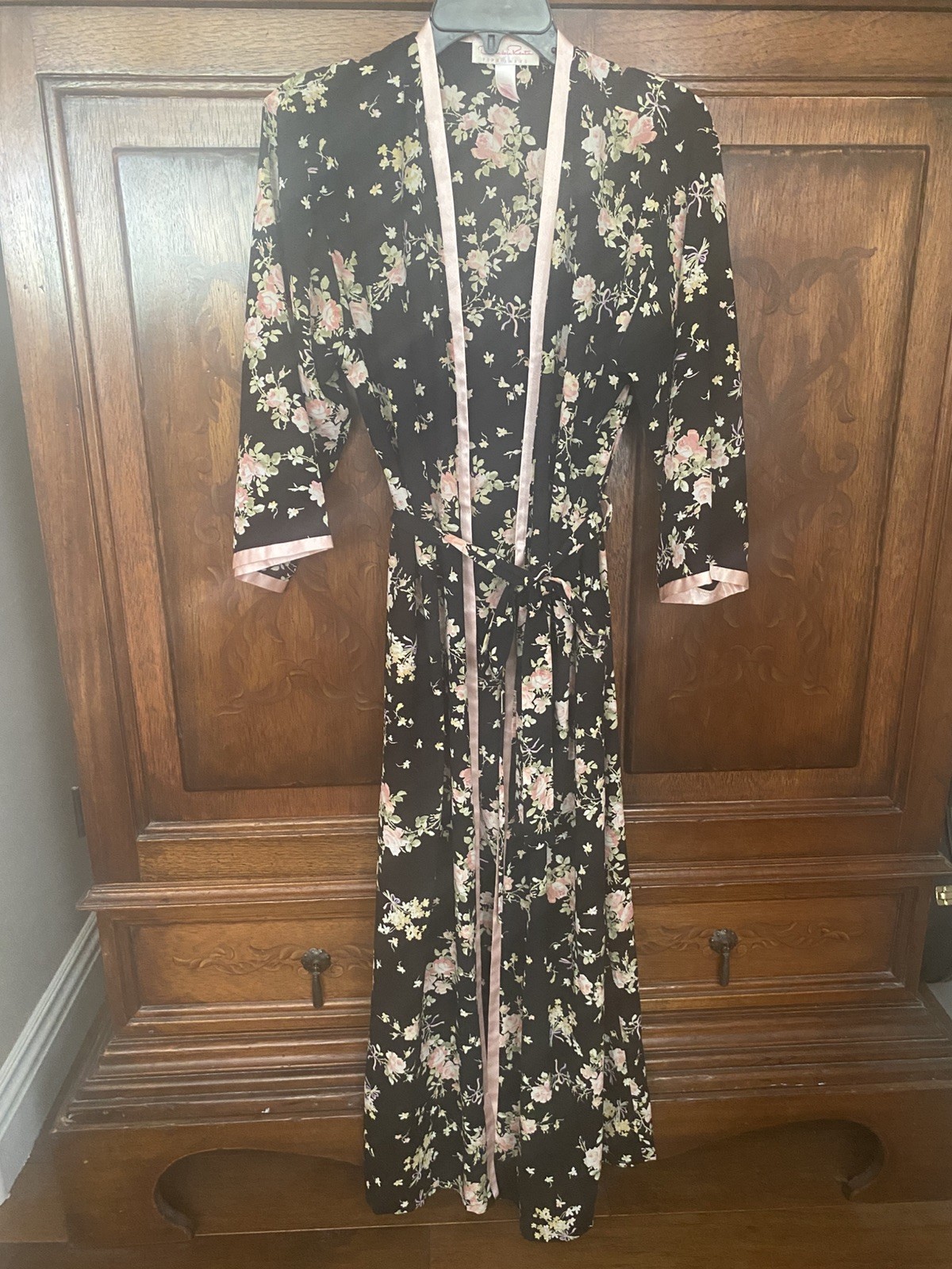 Vintage Oscar de la Renta Pink Label Black & Pink Floral Robe Size S/M