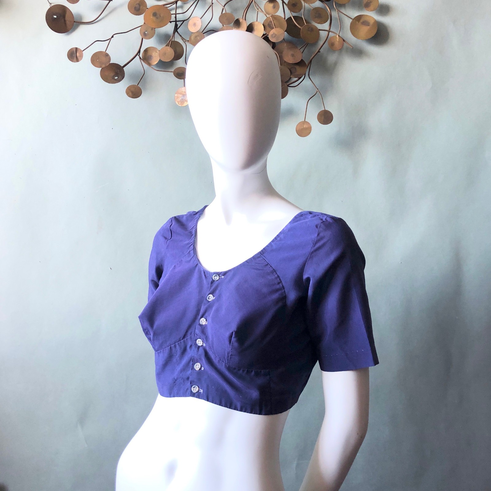 Vintage 1950s Blue Crop Top Playsuit Top Busty Midriff Sexy Rockabilly 38 Bust