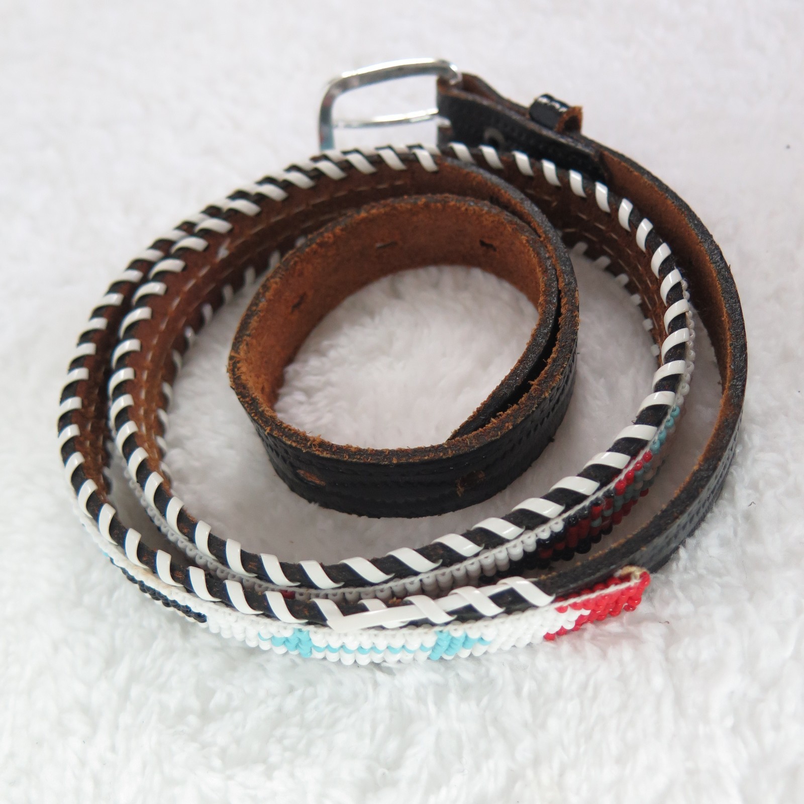 Beaded Native Belt Vintage Cowhide Hand Beading sz 36 Narrow China Made Black