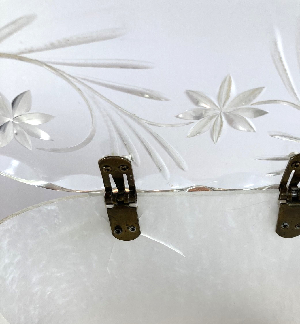 1950s White Marbled Lucite Double Handled Purse with Clear Carved Lid