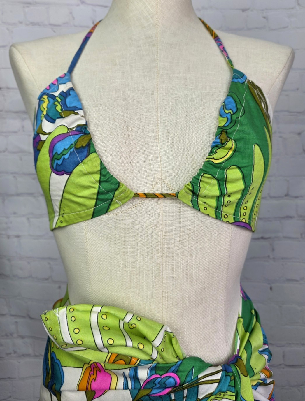 Vintage 70’s Bikini Top And Sarong Handmade Tropical Neon Festival Beachy Hippie