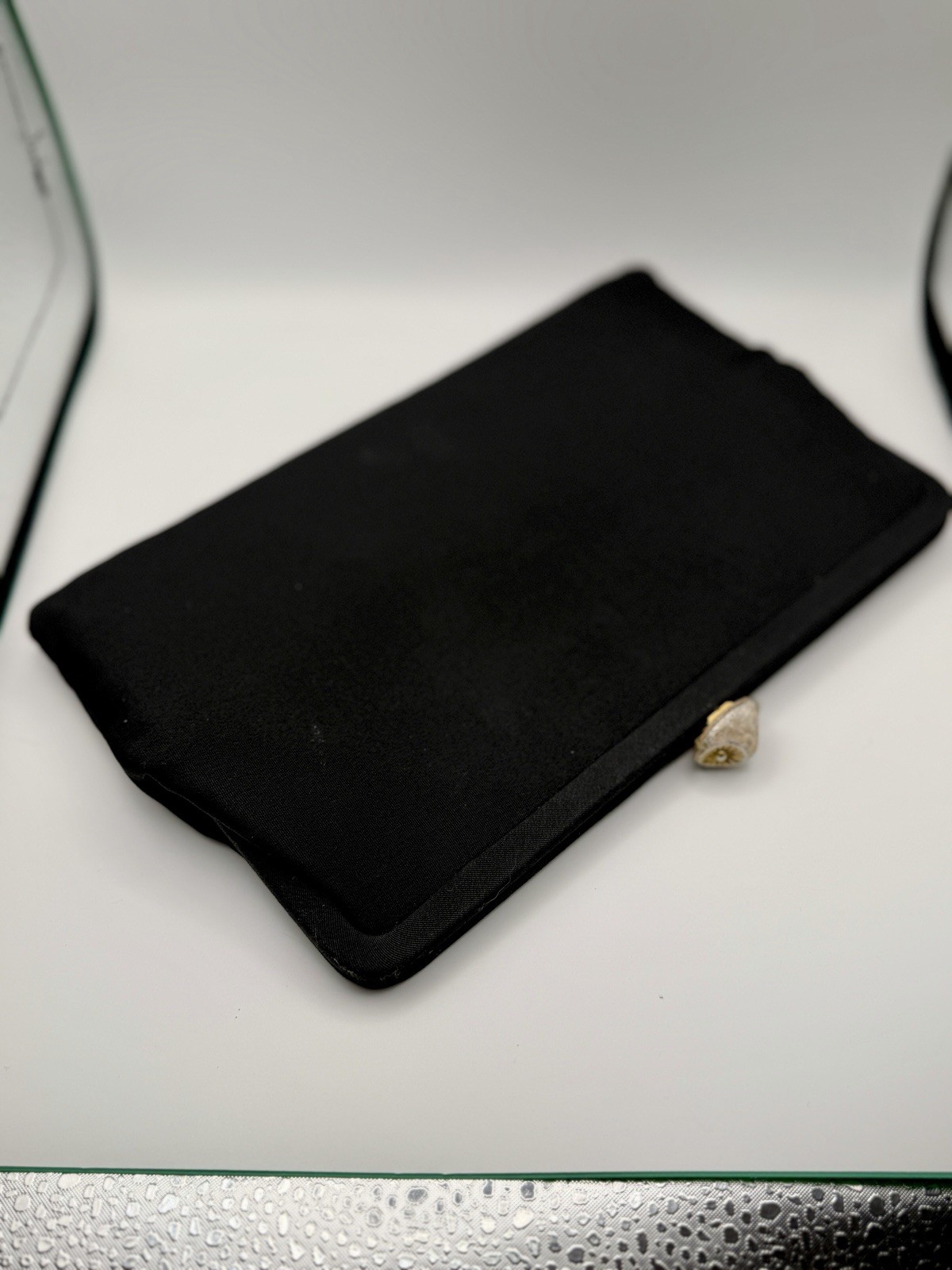 Vintage MCM Black Fabric Clutch Purse Evening Bag Gold Chain Owl Clasp Starburst