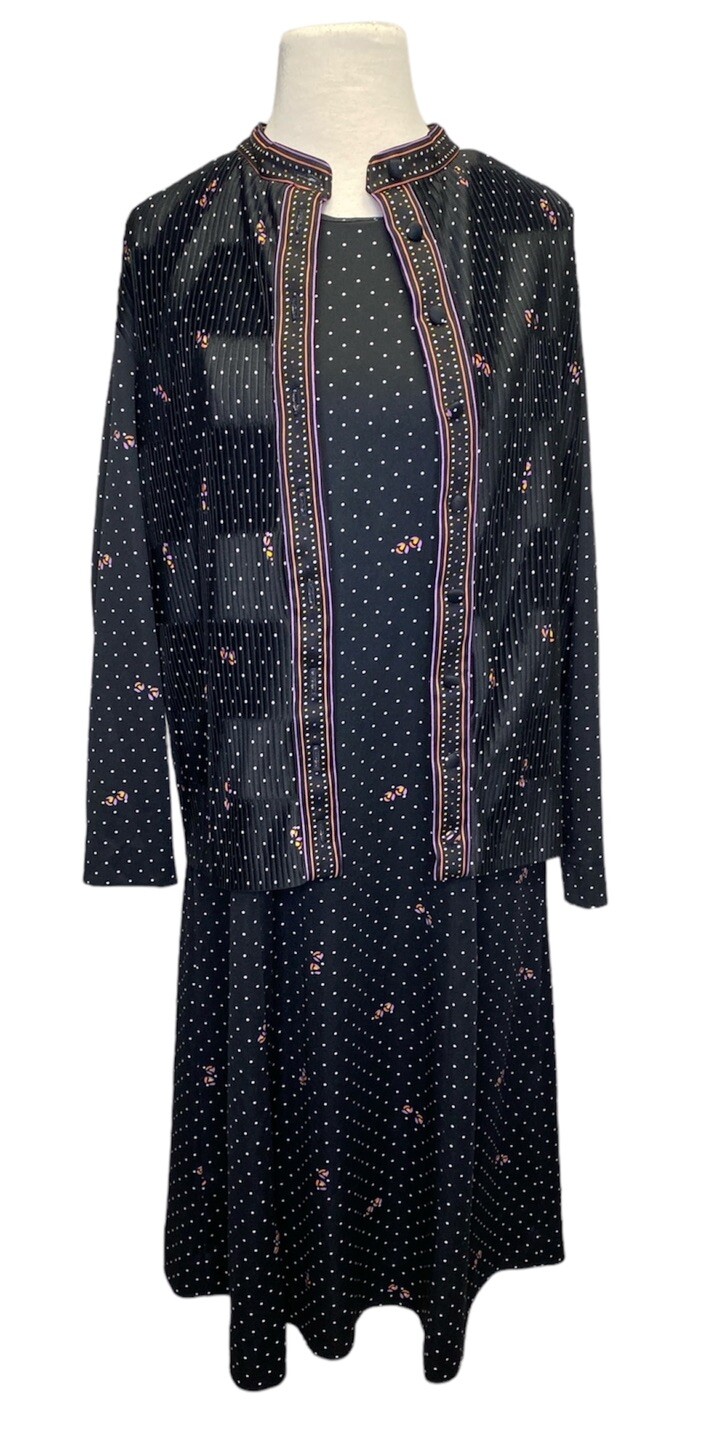 Vintage Gossamer Hal Ferman 1970’s Dress Jacket Suit Pleated Dot Floral Large
