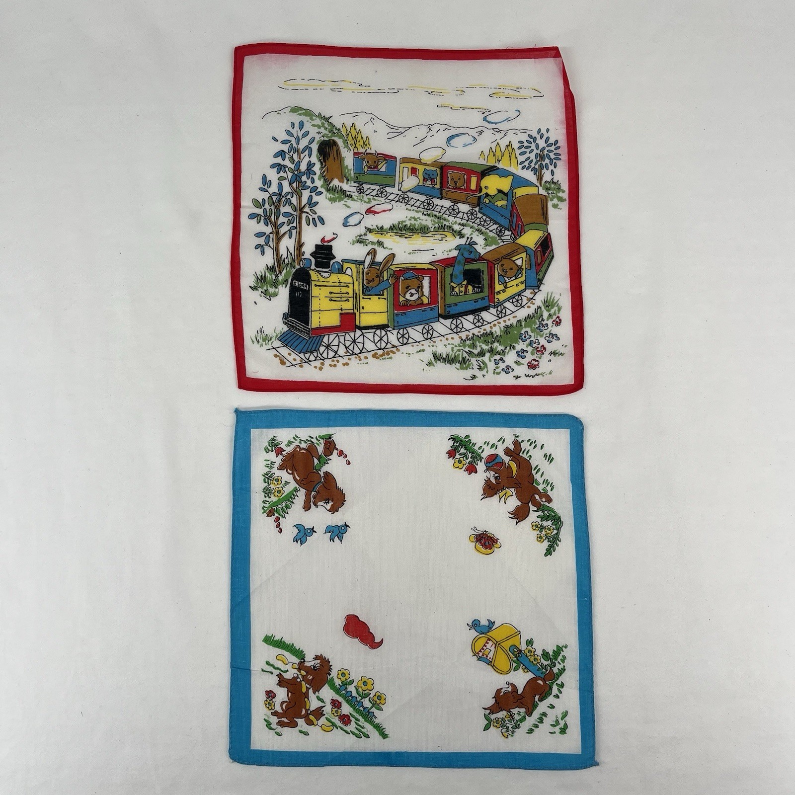 VTG Lot of 6 MCM Childrens Handkerchief Novelty 4 Max & Moritz/1 Train/1 Animals
