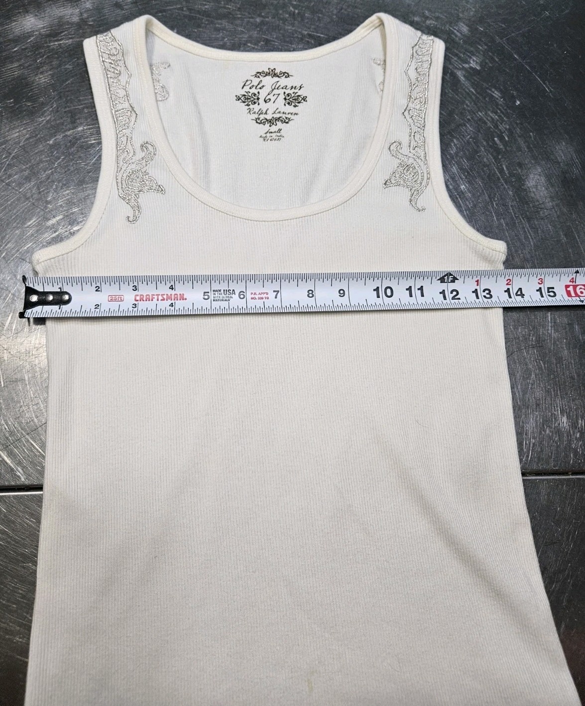 VTG Polo Jeans Co Ralph Lauren Tank Top Small Embellished Off White Faint Stain